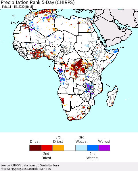 Africa Precipitation Rank since 1981, 5-Day (CHIRPS) Thematic Map For 2/11/2020 - 2/15/2020