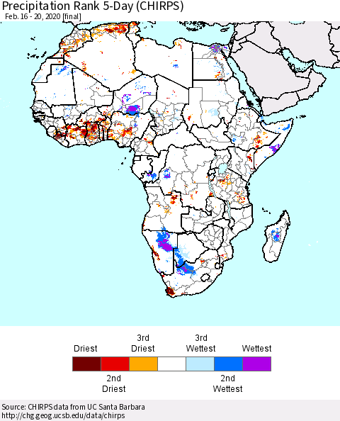 Africa Precipitation Rank since 1981, 5-Day (CHIRPS) Thematic Map For 2/16/2020 - 2/20/2020