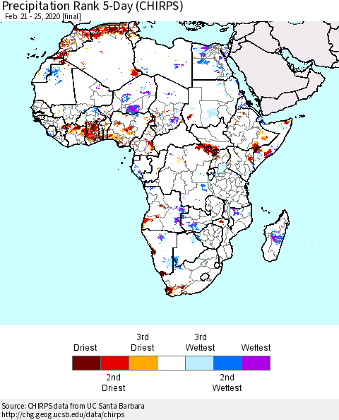 Africa Precipitation Rank since 1981, 5-Day (CHIRPS) Thematic Map For 2/21/2020 - 2/25/2020