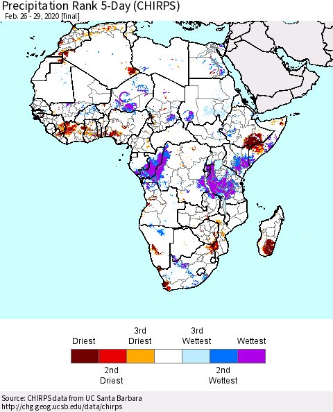 Africa Precipitation Rank since 1981, 5-Day (CHIRPS) Thematic Map For 2/26/2020 - 2/29/2020