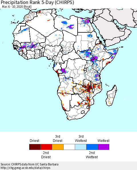 Africa Precipitation Rank 5-Day (CHIRPS) Thematic Map For 3/6/2020 - 3/10/2020