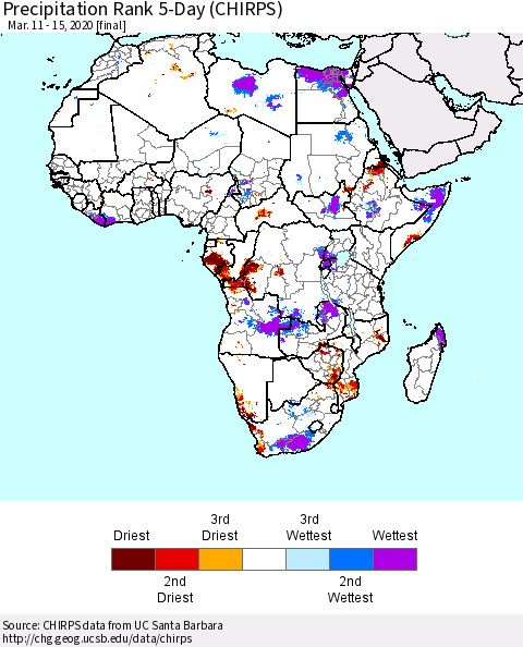 Africa Precipitation Rank 5-Day (CHIRPS) Thematic Map For 3/11/2020 - 3/15/2020