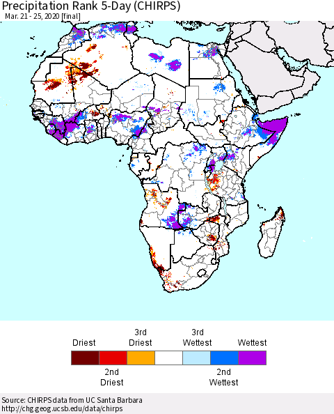Africa Precipitation Rank since 1981, 5-Day (CHIRPS) Thematic Map For 3/21/2020 - 3/25/2020