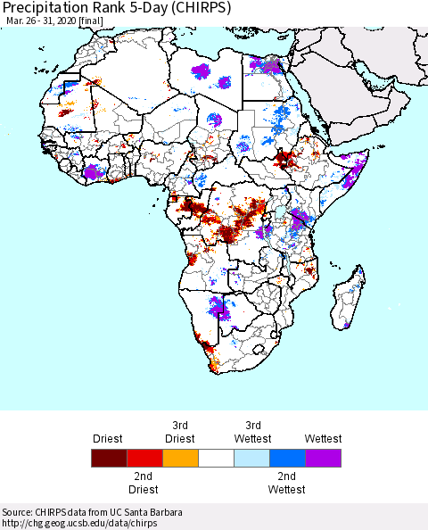 Africa Precipitation Rank 5-Day (CHIRPS) Thematic Map For 3/26/2020 - 3/31/2020