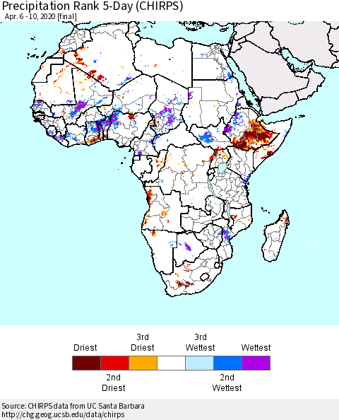 Africa Precipitation Rank 5-Day (CHIRPS) Thematic Map For 4/6/2020 - 4/10/2020