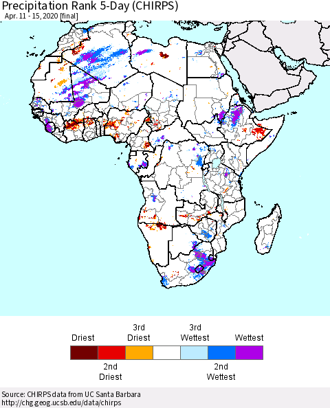 Africa Precipitation Rank since 1981, 5-Day (CHIRPS) Thematic Map For 4/11/2020 - 4/15/2020