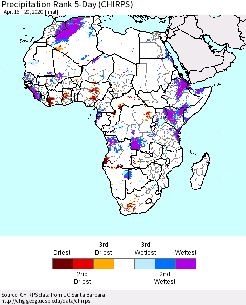 Africa Precipitation Rank 5-Day (CHIRPS) Thematic Map For 4/16/2020 - 4/20/2020