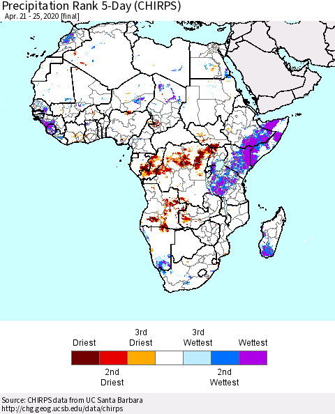Africa Precipitation Rank since 1981, 5-Day (CHIRPS) Thematic Map For 4/21/2020 - 4/25/2020