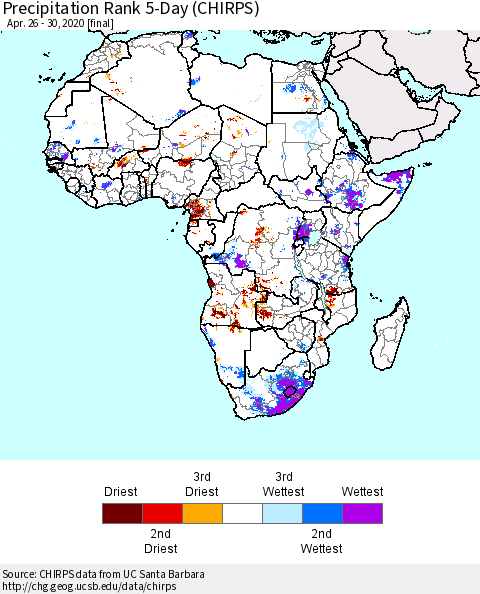 Africa Precipitation Rank since 1981, 5-Day (CHIRPS) Thematic Map For 4/26/2020 - 4/30/2020