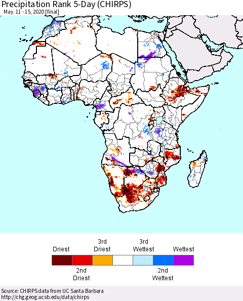 Africa Precipitation Rank 5-Day (CHIRPS) Thematic Map For 5/11/2020 - 5/15/2020