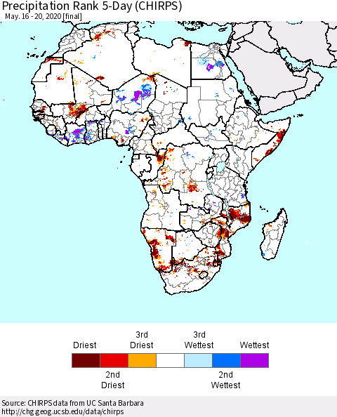 Africa Precipitation Rank 5-Day (CHIRPS) Thematic Map For 5/16/2020 - 5/20/2020