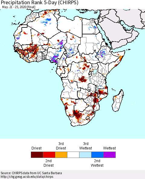 Africa Precipitation Rank 5-Day (CHIRPS) Thematic Map For 5/21/2020 - 5/25/2020