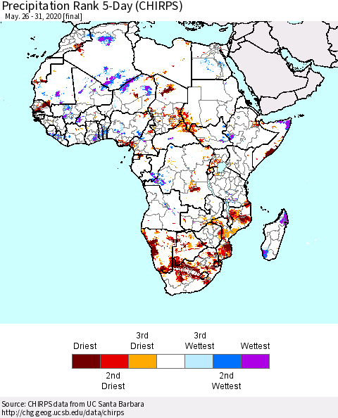 Africa Precipitation Rank 5-Day (CHIRPS) Thematic Map For 5/26/2020 - 5/31/2020