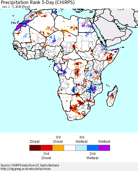 Africa Precipitation Rank 5-Day (CHIRPS) Thematic Map For 6/1/2020 - 6/5/2020