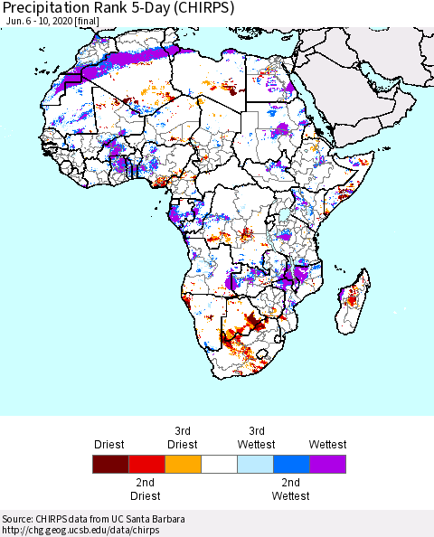 Africa Precipitation Rank since 1981, 5-Day (CHIRPS) Thematic Map For 6/6/2020 - 6/10/2020