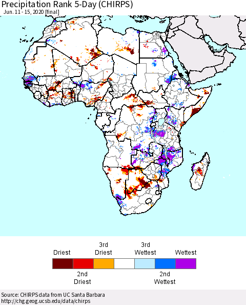 Africa Precipitation Rank 5-Day (CHIRPS) Thematic Map For 6/11/2020 - 6/15/2020