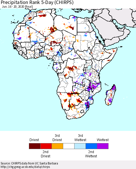 Africa Precipitation Rank 5-Day (CHIRPS) Thematic Map For 6/16/2020 - 6/20/2020