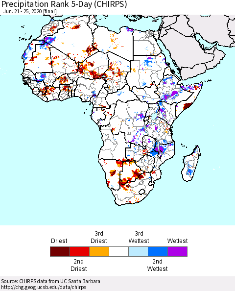 Africa Precipitation Rank 5-Day (CHIRPS) Thematic Map For 6/21/2020 - 6/25/2020