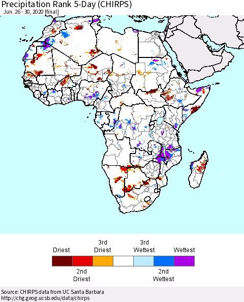Africa Precipitation Rank 5-Day (CHIRPS) Thematic Map For 6/26/2020 - 6/30/2020