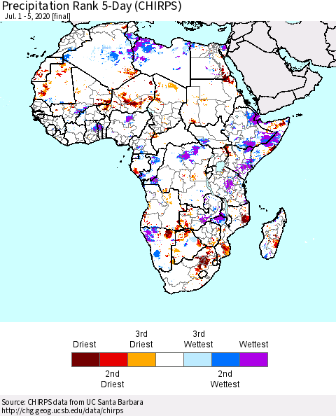 Africa Precipitation Rank since 1981, 5-Day (CHIRPS) Thematic Map For 7/1/2020 - 7/5/2020