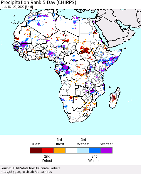 Africa Precipitation Rank since 1981, 5-Day (CHIRPS) Thematic Map For 7/16/2020 - 7/20/2020