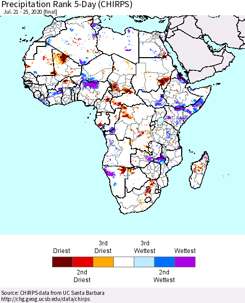 Africa Precipitation Rank since 1981, 5-Day (CHIRPS) Thematic Map For 7/21/2020 - 7/25/2020