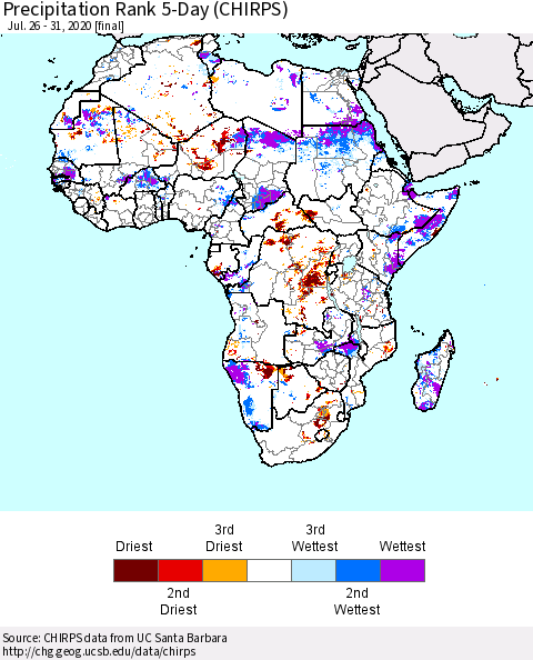 Africa Precipitation Rank 5-Day (CHIRPS) Thematic Map For 7/26/2020 - 7/31/2020