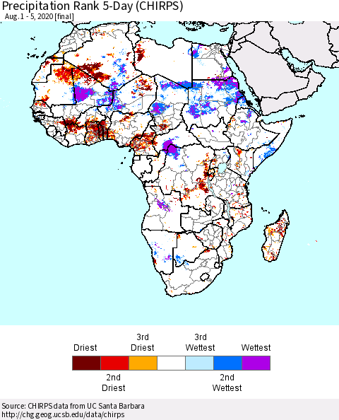 Africa Precipitation Rank 5-Day (CHIRPS) Thematic Map For 8/1/2020 - 8/5/2020