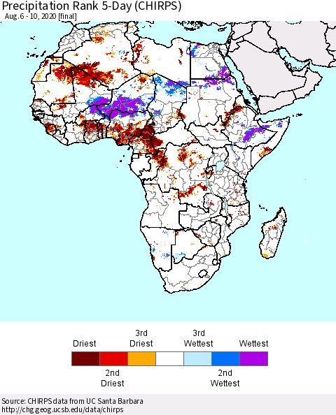 Africa Precipitation Rank since 1981, 5-Day (CHIRPS) Thematic Map For 8/6/2020 - 8/10/2020
