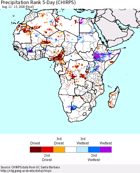Africa Precipitation Rank 5-Day (CHIRPS) Thematic Map For 8/11/2020 - 8/15/2020