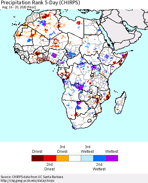 Africa Precipitation Rank 5-Day (CHIRPS) Thematic Map For 8/16/2020 - 8/20/2020