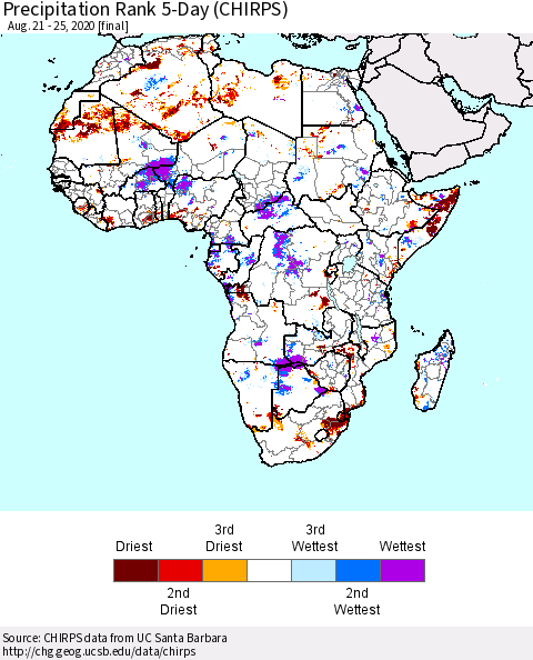 Africa Precipitation Rank since 1981, 5-Day (CHIRPS) Thematic Map For 8/21/2020 - 8/25/2020