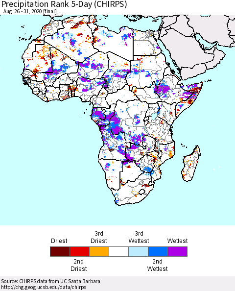 Africa Precipitation Rank since 1981, 5-Day (CHIRPS) Thematic Map For 8/26/2020 - 8/31/2020