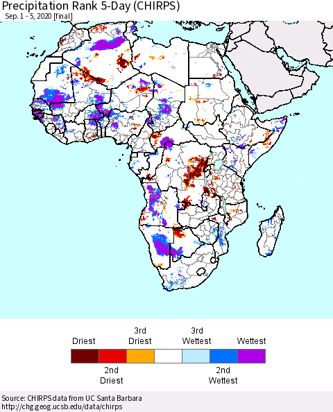 Africa Precipitation Rank since 1981, 5-Day (CHIRPS) Thematic Map For 9/1/2020 - 9/5/2020