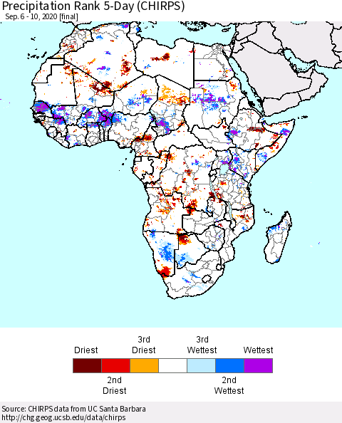 Africa Precipitation Rank since 1981, 5-Day (CHIRPS) Thematic Map For 9/6/2020 - 9/10/2020
