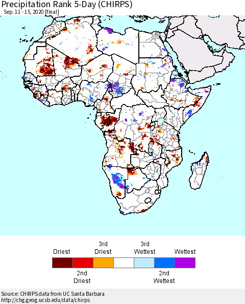 Africa Precipitation Rank since 1981, 5-Day (CHIRPS) Thematic Map For 9/11/2020 - 9/15/2020