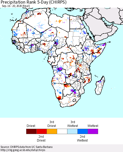 Africa Precipitation Rank 5-Day (CHIRPS) Thematic Map For 9/16/2020 - 9/20/2020