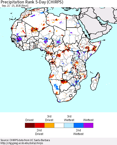 Africa Precipitation Rank since 1981, 5-Day (CHIRPS) Thematic Map For 9/21/2020 - 9/25/2020
