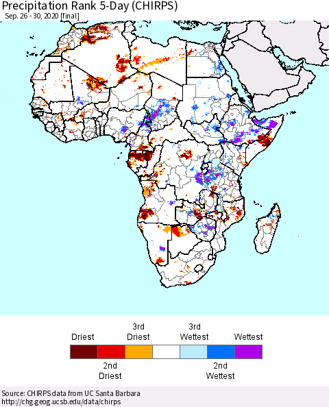 Africa Precipitation Rank 5-Day (CHIRPS) Thematic Map For 9/26/2020 - 9/30/2020