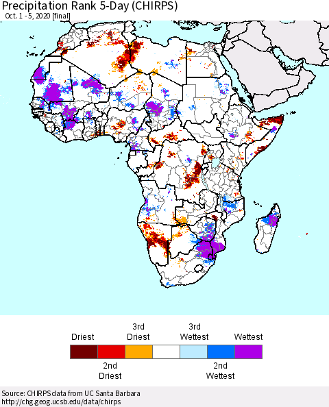 Africa Precipitation Rank 5-Day (CHIRPS) Thematic Map For 10/1/2020 - 10/5/2020