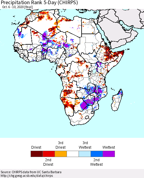 Africa Precipitation Rank since 1981, 5-Day (CHIRPS) Thematic Map For 10/6/2020 - 10/10/2020