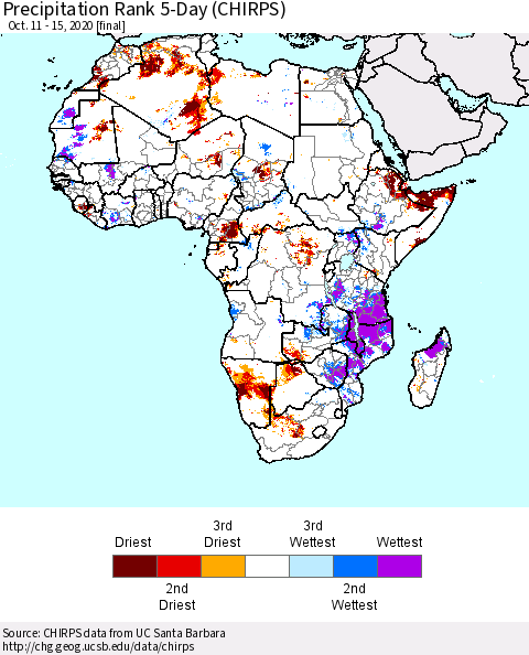 Africa Precipitation Rank 5-Day (CHIRPS) Thematic Map For 10/11/2020 - 10/15/2020