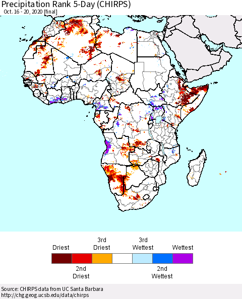 Africa Precipitation Rank 5-Day (CHIRPS) Thematic Map For 10/16/2020 - 10/20/2020