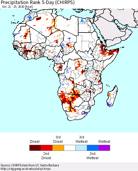 Africa Precipitation Rank 5-Day (CHIRPS) Thematic Map For 10/21/2020 - 10/25/2020