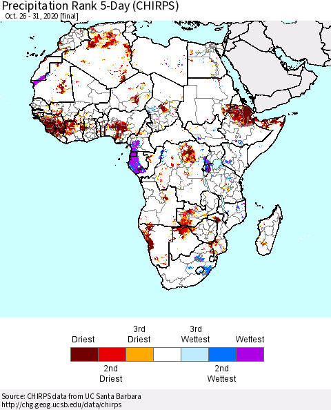 Africa Precipitation Rank 5-Day (CHIRPS) Thematic Map For 10/26/2020 - 10/31/2020