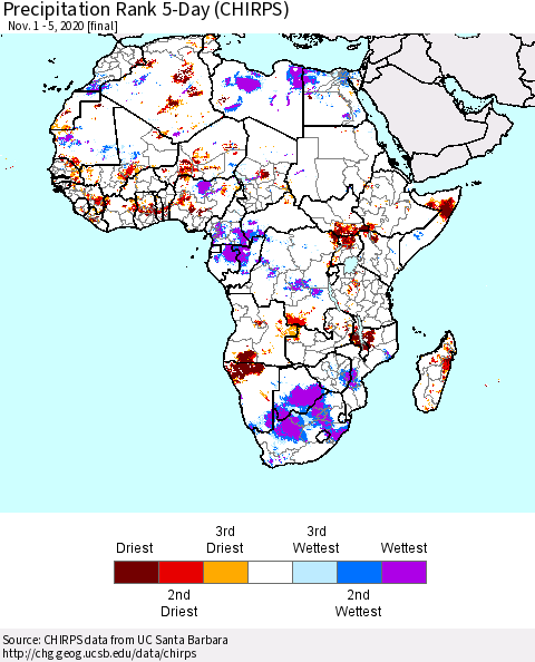Africa Precipitation Rank 5-Day (CHIRPS) Thematic Map For 11/1/2020 - 11/5/2020