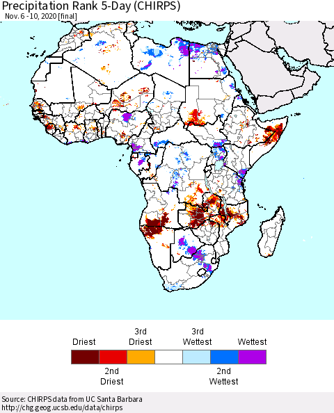 Africa Precipitation Rank 5-Day (CHIRPS) Thematic Map For 11/6/2020 - 11/10/2020