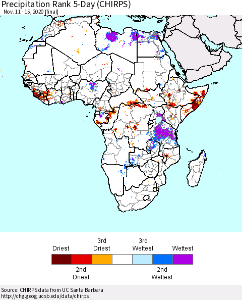 Africa Precipitation Rank since 1981, 5-Day (CHIRPS) Thematic Map For 11/11/2020 - 11/15/2020