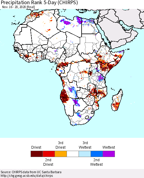 Africa Precipitation Rank since 1981, 5-Day (CHIRPS) Thematic Map For 11/16/2020 - 11/20/2020