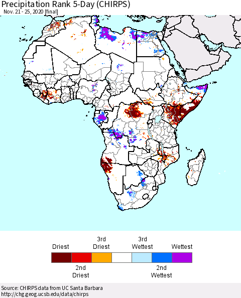 Africa Precipitation Rank 5-Day (CHIRPS) Thematic Map For 11/21/2020 - 11/25/2020